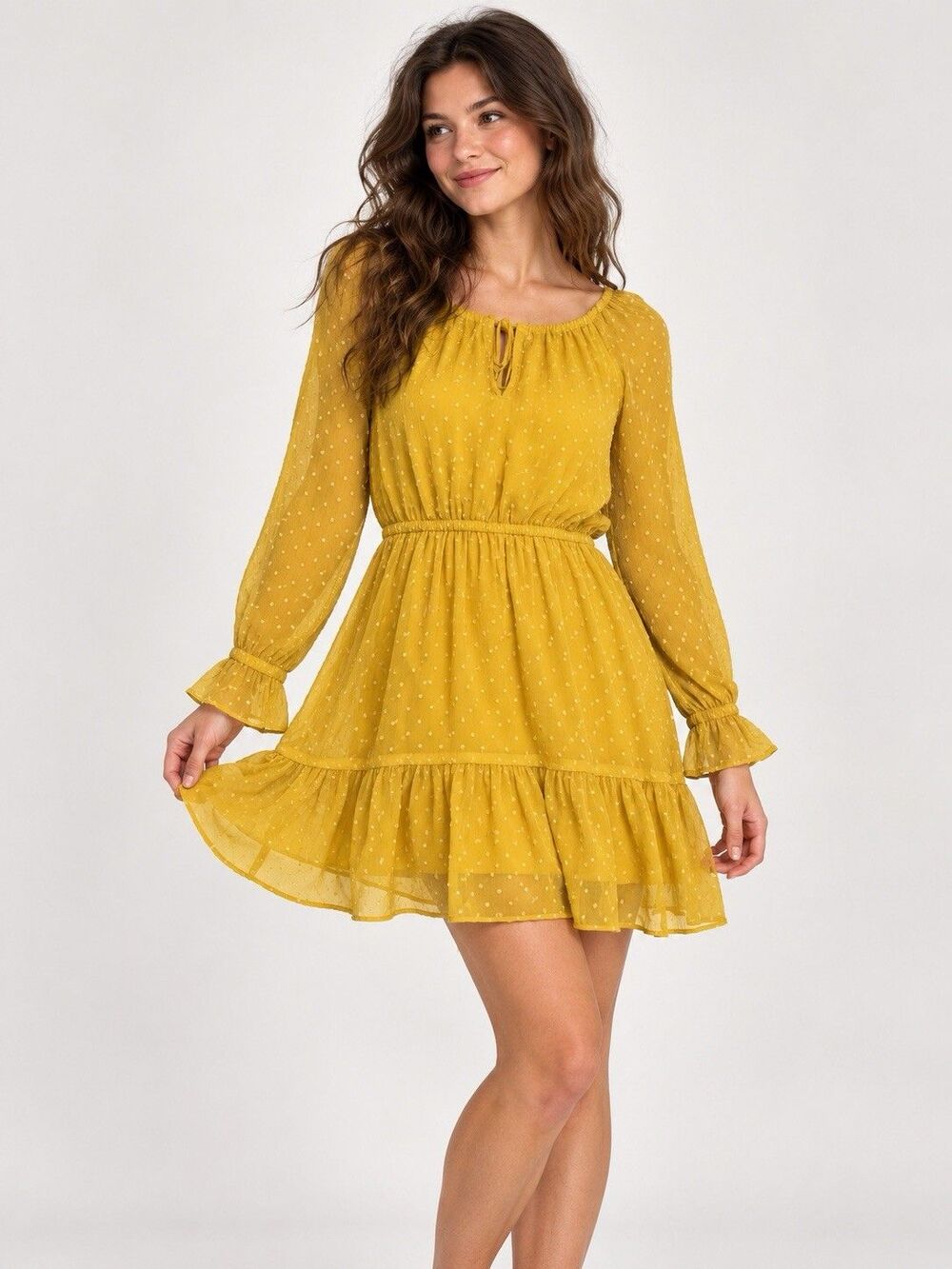 H&M Divided Mustard Yellow Polka Dot Long Sleeve Ruffle Mini Dress Size Medium